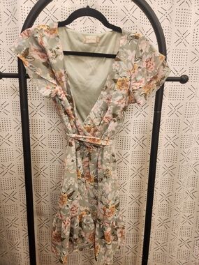 Altar'd State Floral Ruffle Wrap Dress in Sage Green
